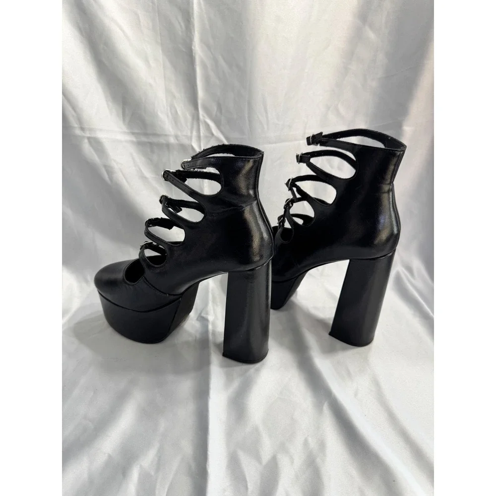 Gothic Black Multi Strap Platform Pumps Silver Buckle Chunky Block Heel Size 9